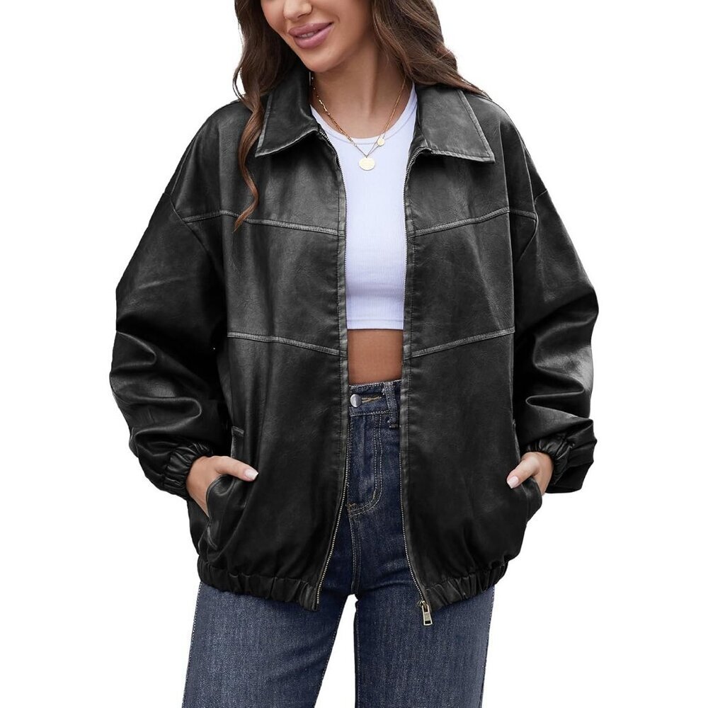 Women's Black Oversized Y2K Faux Leather Jackets Vintage Plus Motorcycle Coats